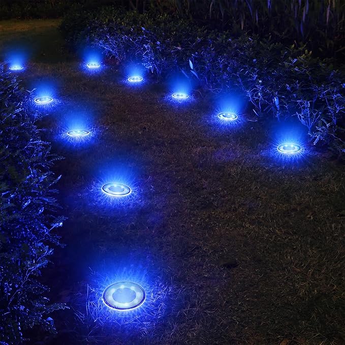 Joomer 16 Pack Solar Ground Lights, 2-in-1 Solar Lights Outdoor Waterproof Solar Powered Disc Light Landscape Garden Lighting Light for Patio Pathway Lawn Yard Driveway Walkway Deck Step (Blue)