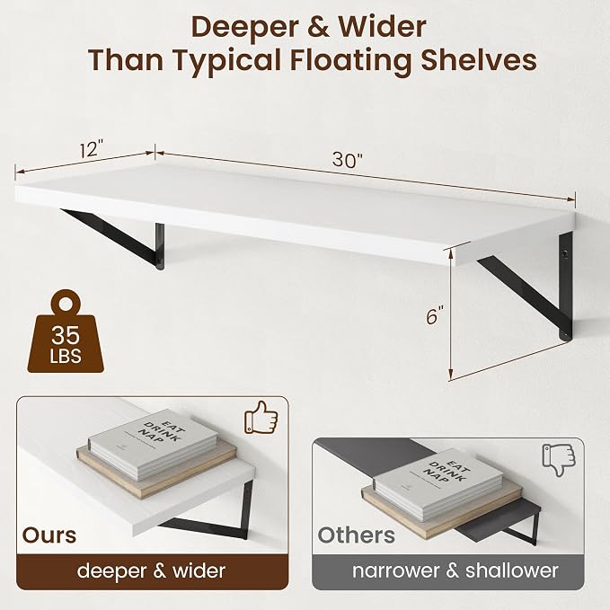 Axeman Deep Floating Shelves - 30 Inch White Floating Shelves Set of 2-12 Inch Deep Wood Wall Shelves for Living Room Bathroom Kitchen