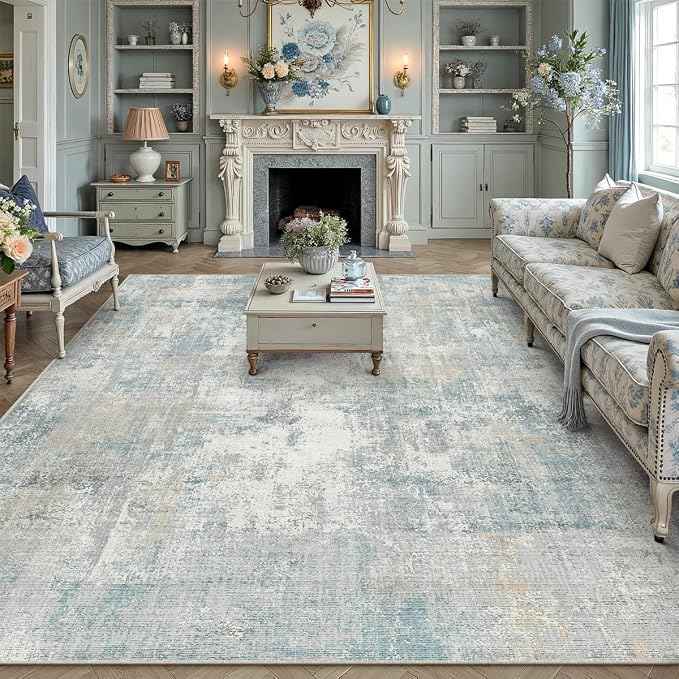 12x15 Area Rug Blue Cream Abstract Non Slip Soft Low Pile Washable Rug for Living Room Bedroom Dining Room Office Neutral Modern Indoor Extra Large Throw Carpet for Home Decor