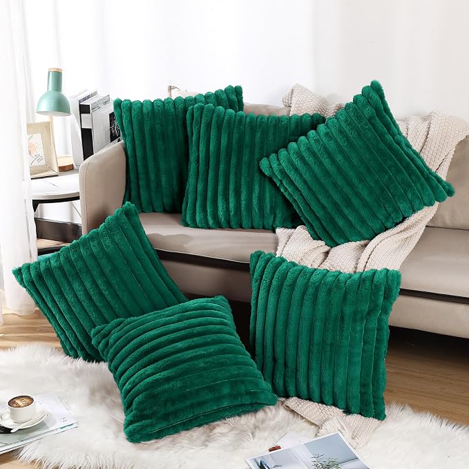 VitalCozy Throw Pillow Covers Set of 6 18x18 Decorative Neutral Couch Throw Pillow Covers Faux Fur Pillowcase Soft Velvet Farmhouse Boho Striped Decor for Bed, Sofa(Green)