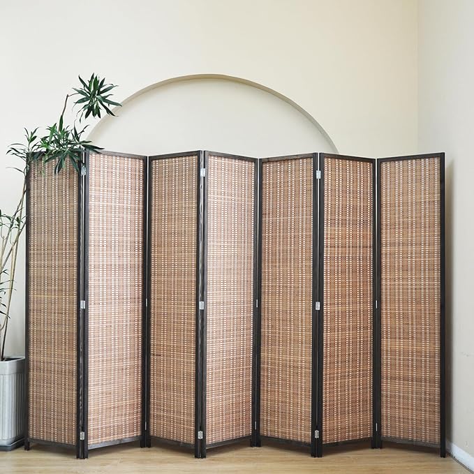 Furnnylane 7 Panel Bamboo Room Divider - 5.6 ft Tall Folding Privacy Screen, Natural Brown Freestanding Partition Wall for Home Office & Room Separation (67" H x 107.5" W)