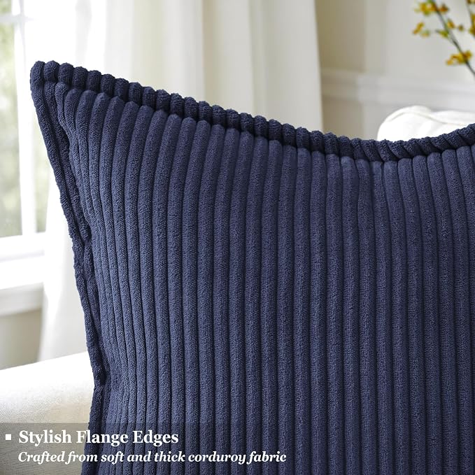 decorUhome Summer Corduroy Dark Navy Euro Sham Throw Pillow Covers 26x26 Set of 2 Decorative Soft Boho Farmhouse Couch Pillow Covers for Living Room Bed Sofa Broadside Striped Pillow Cases