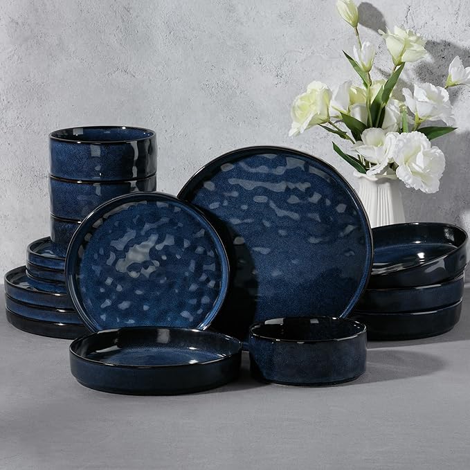 E-far 16-Piece Plates and Bowls Sets with Pasta Bowls - Stoneware Dinnerware Set for 4, Modern Ribbed Dishes, Microwave & Dishwasher Safe, Starry Blue