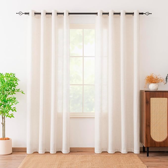 Linen Blended Sheer Curtains & Drapes - 84 Inches 2 Panels Set | Light Filtering & Semi-Sheer Privacy Protection, Grommet Top, Fits Living Room and Bedroom, 54 Inches Wide, Beige White