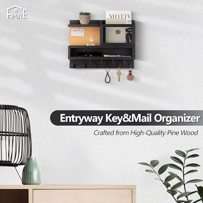 Key Holder for Wall with Mail Organizer,Farmhouse Mail and Key Holder for Wall,Key Hanger with ‌Metal 11 Hooks,Corkboard,and Shelf,Decorative Natural Pine Wood Entryway Organizer,14.6*11.1*3.3”,Black