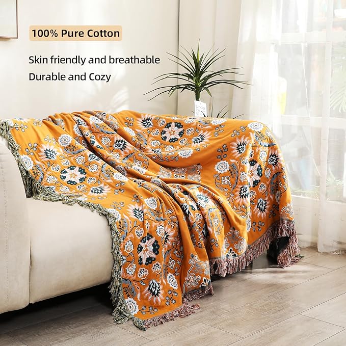 VANJOROY Boho Throw Blanket, 100% Cotton Soft Sofa Bed Throw-Floral Farmhouse Decor Blanket, Reversible Bohemian Throw for Chair Couch Quilt and Gift, 60" x 80"-Yellow