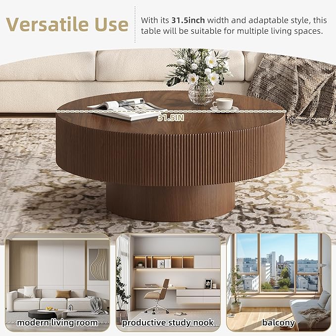 Merax Modern 31 Inch Round Coffee Table with Sturdy Base, Wood Center Tables for Living Room Reception Room, Easy Assemble, Walnut