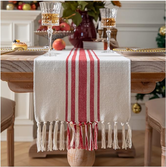 Caflife Christmas Table Runner 13 x 108 Inch for Dining Table, Boho décor Coffee Table Runner with Handcrafted Tassels, red and Beige Stripe Table Runner for Holiday, Winter