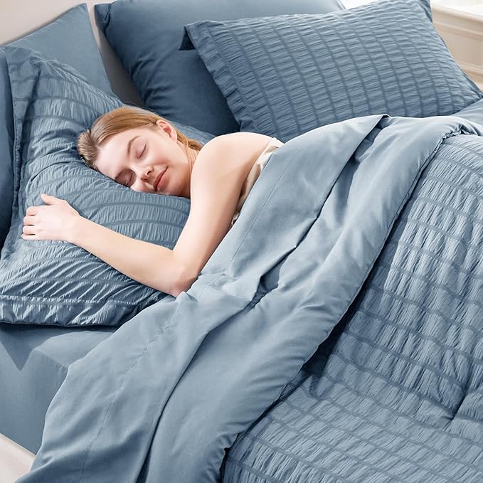 CozyLux Twin Comforter Set with Sheets 5 Pieces, Grayish Blue Seersucker Textured Bed in a Bag, Dusty Blue Luxury Soft Bedding Set with Down Alternative Comforter, Sheets, Pillowcase & Sham All Season