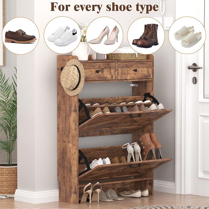 Thacuok Shoe Cabinet with 2 Flip Drawers & 2 Storage Drawers, Rustic Farmhouse Narrow Shoe Organizer Cabinet, Slim Shoe Rack Cabinet, Shoe Storage Cabinet for Entryway, Hallway