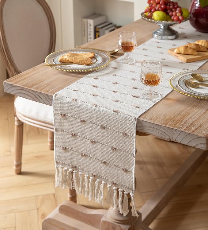 Caflife Boho Table Runner 72 Inchs Long for Modern Farmhouse Room Home Decor, Taupe and Beige Coffee Table Runner, Natural Cotton Woven with Tassels Neutral, for Kitchen Dining Table Decor