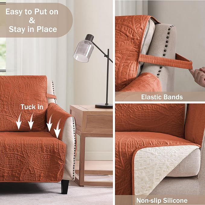 Orange Quilted Recliner Covers, Waterproof Recliner Chair Covers, Lazy Boy Chair Covers, Pet Friendly Recliner Slipcover for Dogs, Washable Sofa Couch Cover (Recliner 22", Burnt Orange)