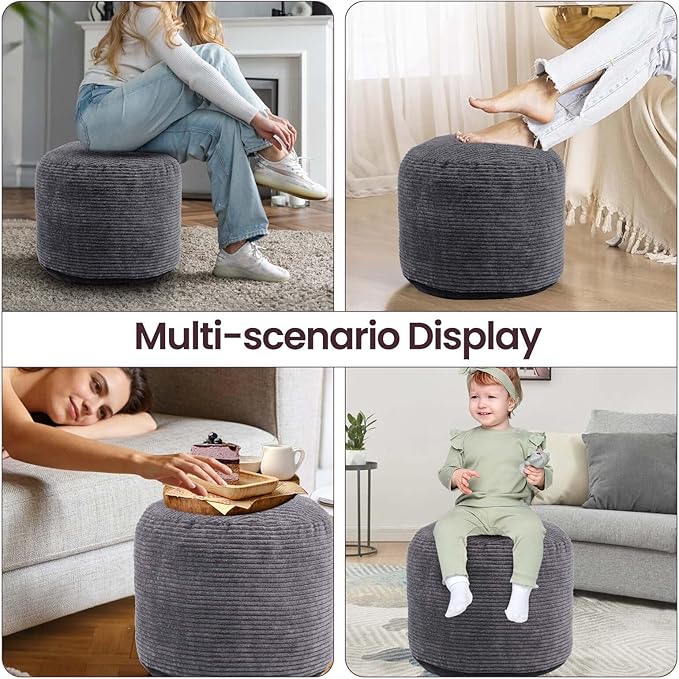 Round Pouf Ottoman Foot Rest with Foam Chunk Filling, Corduroy Ottomans for Living Room Floor Poufs (20"x15",Dark Grey)