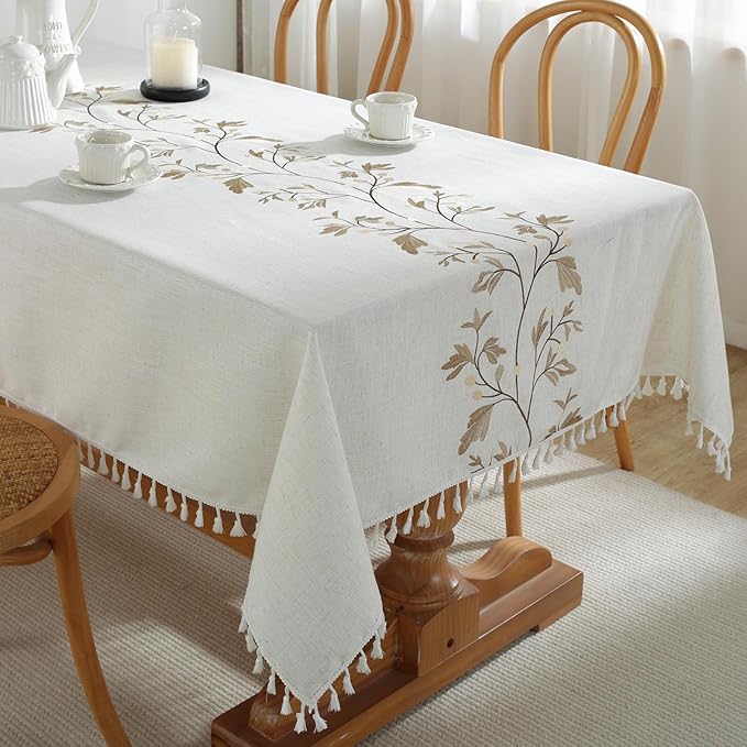Alsoo Embroidered Tablecloth Square 55 x 55 Inch, Farmhouse Otanical Floral Table Cloth Waterproof Washable Cotton Linen Fabric for Thanksgiving Spring Fall