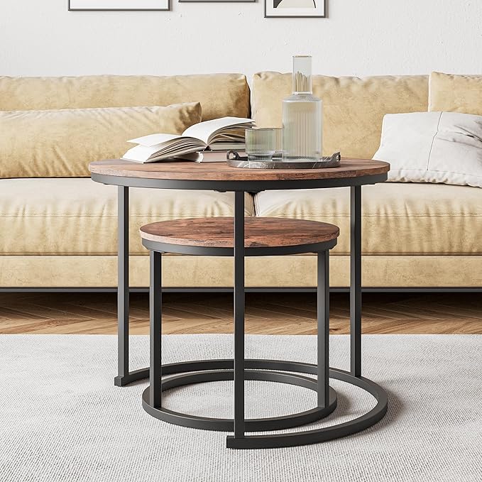 HOJINLINERO Round Coffee Table,Nesting Coffee Table Set of 2,Center Tables for Living Room,Office, Home Small Space,Stacking Side Tables,Sturdy and Easy Assembly,Wood Desktop,Rustic Brown,Small