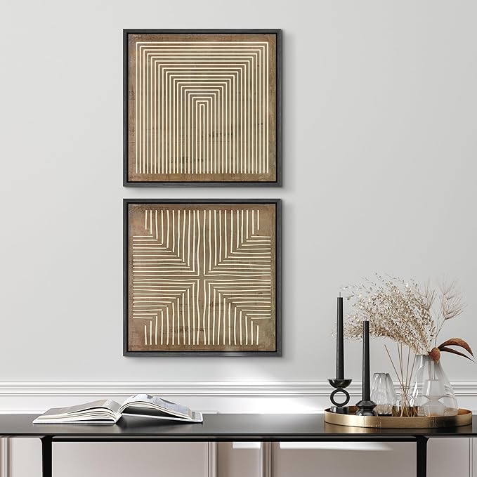 SIGNFORD Framed Canvas Print Wall Art Set Linear Abstract Monochromatic Lines and Abstract Form Illustrations Modern Art Minimal Relax/Calm for Living Room, Bedroom, Office - 16"x16"x2 Black