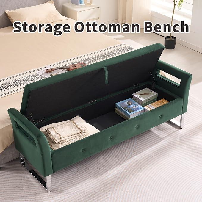 Chifee & Vingol Storage Bench with Armrests, 67.91 Inch Velvet End of Bed Bench Upholstered Storage Ottoman for Bedroom, Livingroom, Entryway - Green