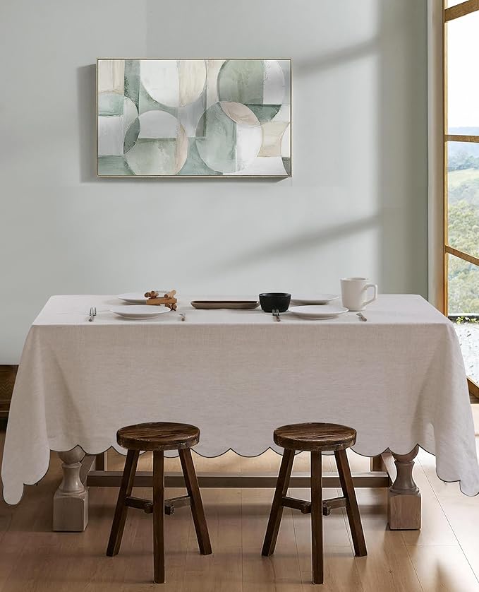 100% French Flax Linen Tablecloths Scalloped Embroidery Rectangle 84Lx60W Inch for Dinners, Parties, Spring, Machine Washable, 6-8 Sets, Linen(Edges-Green)