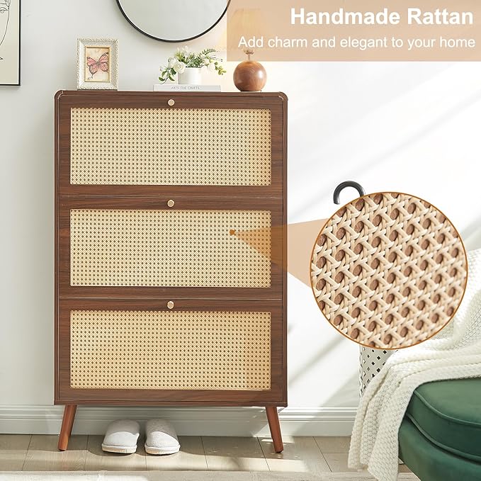 Rattan Shoe Cabinet with 3 Flip Drawers, 24-Pair Hidden Narrow Organizer with Rounded Corners & Adjustable Shelf, Farmhouse Freestanding Wood Storage for Entryway Hallway, Walnut