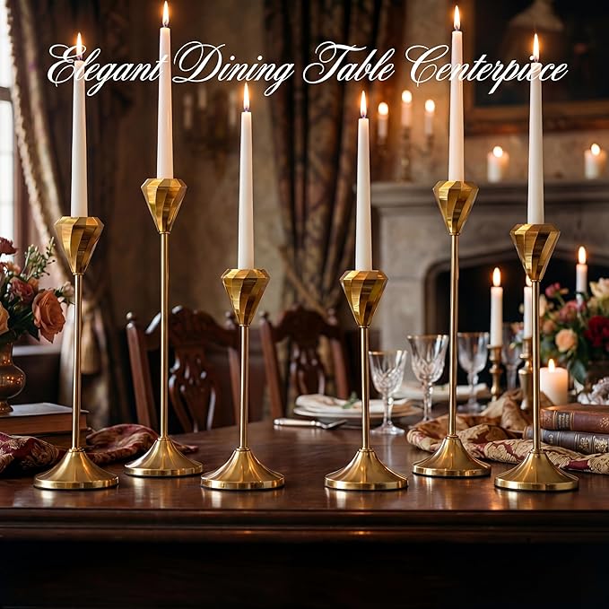 Gold Taper Candle Holders Set of 6, Adjustable Height Modular Design, Modern Vintage Diamond-Shaped Candlestick Holders for Dining Table Centerpiece Decor, Wedding & Holiday Home Decor