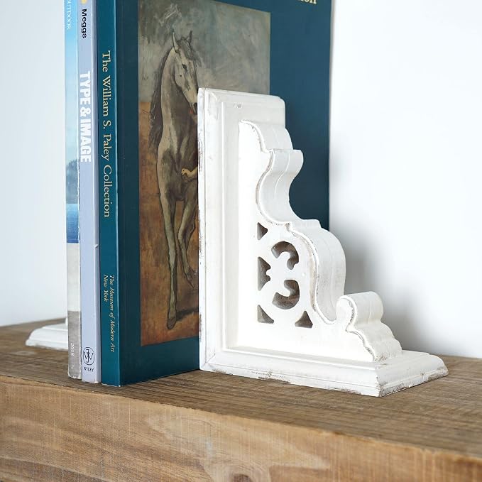 American Art Decor Wood Bookends - Shelf Decor & Wall Decor for Living Room, Bathroom, Bedroom, & Office - Home Decor & Shelf Accents (White Set of 2, 7.75"x 5.8"x 3.8")