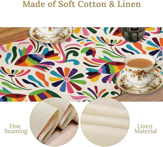 YCness Mexican Floral Themed Table Runer, Linen Colorful Mexican National Element Tradition Table Runner for Party for Party Home Bedroom Living Room Kitchen, 13x60 Inch