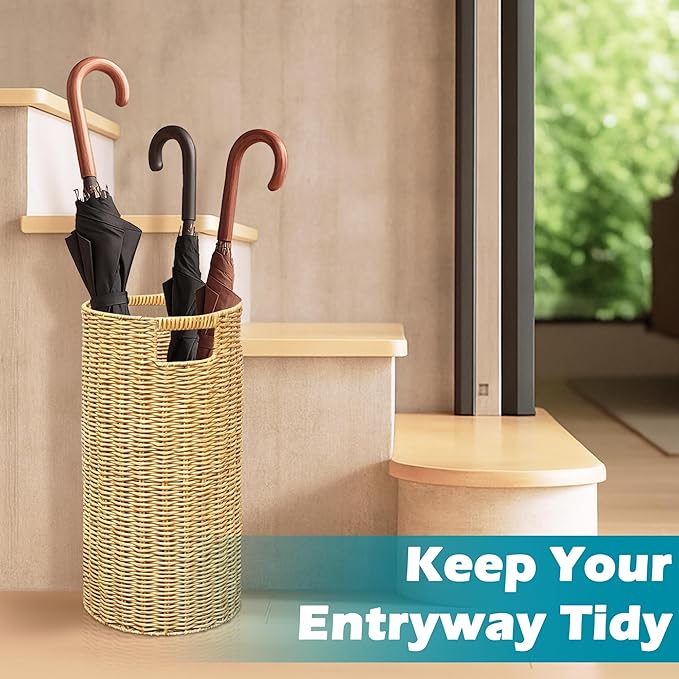 Rattan Umbrella Holder 21" H X 10" D, Handmade Wicker Umbrella Stand Indoor with Dip Tray, Sturdy Umbrella Holders for Entryway, Umbrella Bucket Fits Mudroom,Walking Canes,Home,Office (Oak)
