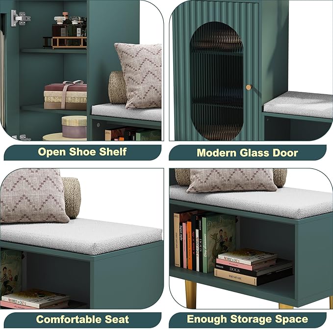 HLR Storage Bench Set of 2, Green Modern Entryway Shoe Cabinet Bench with Glass Door&Shelf, L-Shaped Storage Cabinet with Padded Seat for Hallway, Bedroom, Living Room, Office