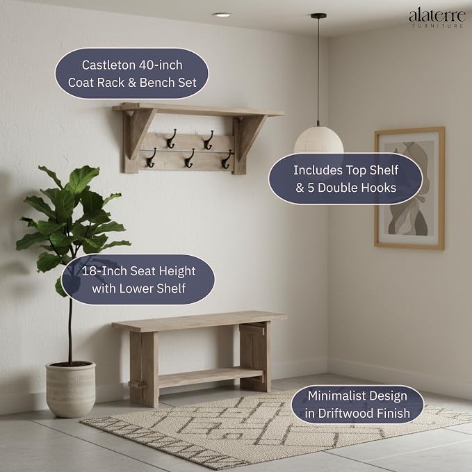 Alaterre Furniture Bethel Wall Mounted Coat Rack & Bench Set – Rustic 40-Inch Entryway Organizer with 5 Coat Hooks, Solid Wood Seat & Storage Shelves for Mudroom or Foyer (Driftwood Finish)