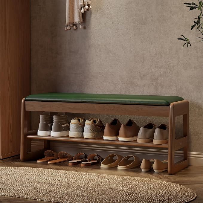 AQIMUELE Shoe Rack Bench,2 Tiers Shoe Bench with Storage with Flip-Top,Wood Shoe Rack for Entryway,Hallway（Green Upholstered Seat,11.8" D x 39.3" W x 15.7" H）