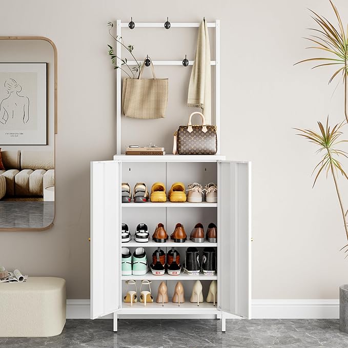 Hall Tree, 72” Shoe Cabinet with Rack, 2-Door Metal Shoe Organizer with 3 Adjustable Shelves & 5 Hooks, Farmhouse Hallway Cabinet for Shoes, Hats, and Keys, White