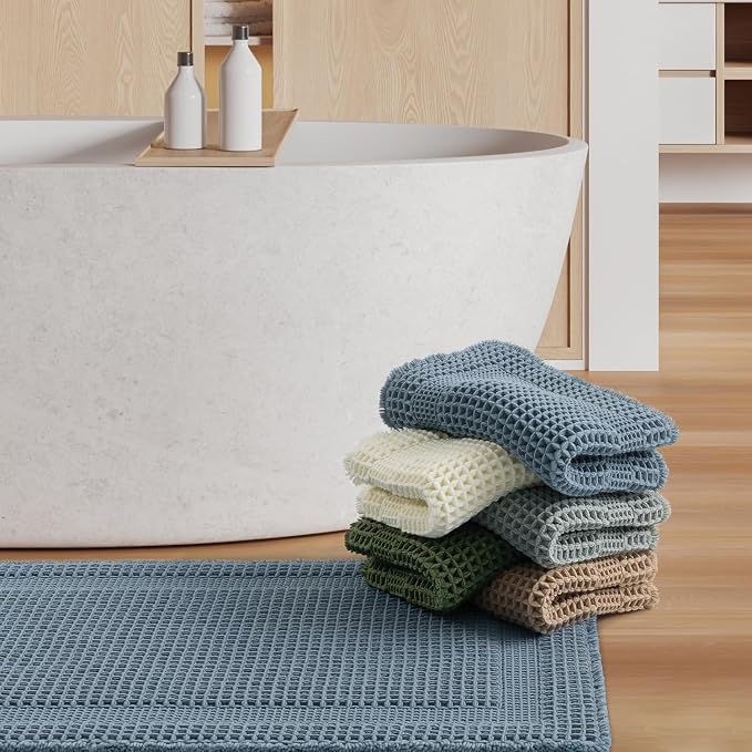 AMOAMI Waffle Bath-Mat, Absorbent Bath Mats for Bathroom Non Slip, Machine Washable Bathroom Rugs with Tassels Ultra Soft Boho Bath Rugs for Floor 2'x4'(24"x48") Blue
