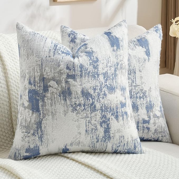 FUTEI Pack of 2 Faux Cashmere Jacquard Throw Pillow Covers 20x20 Inch Soft Marble Pattern Vintage Decorative Cushion Case Modern Farmhouse Accent for Couch Bed Living Room, Blue White