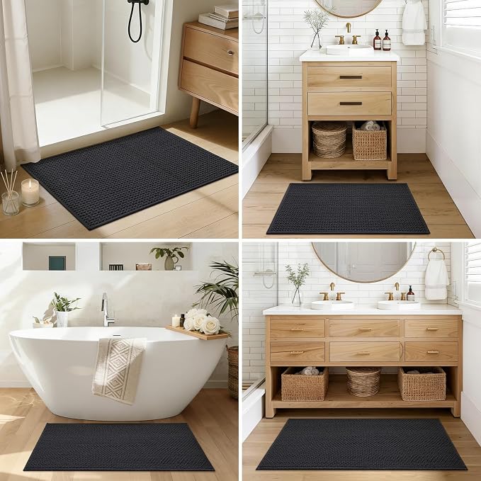 Color&Geometry Rubber Backed Waffle Bath Mat 36x24, Non Slip Water Washable Bathroom Rugs, Soft Absorbent Chenille Boho Carpet for Bathroom Floor, Tub and Shower, Black
