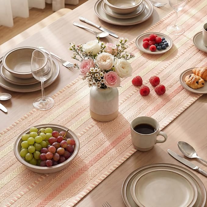 Artoid Mode Pink Farmhouse Woven Table Runner, Seasonal Holiday Rustic Kitchen Dining Table Decoration for Home Party Decor 12x72 Inch