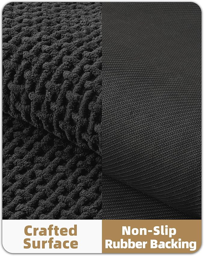 Color&Geometry Rubber Backed Waffle Bath Mat 47x17, Non Slip Water Washable Bathroom Rugs, Soft Absorbent Chenille Boho Carpet for Bathroom Floor, Tub and Shower, Black