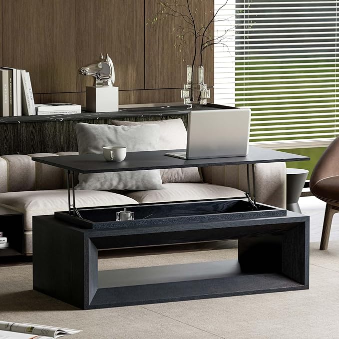 43.3'' Rectangle Lift Top Coffee Table with Storage & Adjustable Height, Mid Century Modern Center Table Accent Tea Table or Living Room Apartment Office, Black