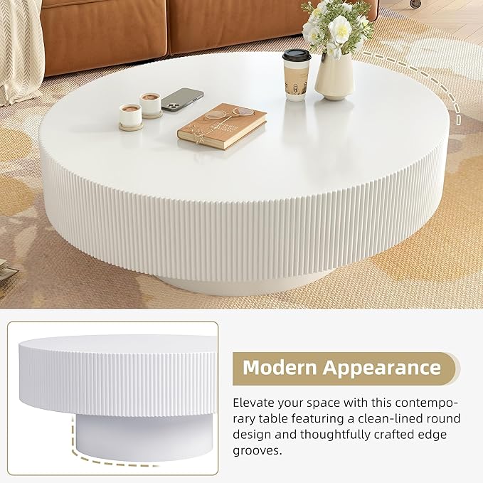 Merax Modern 35.4 Inch Round Large Coffee Table with Sturdy Base, Wood Center Table for Living Room Reception Room, Easy Assemble, White