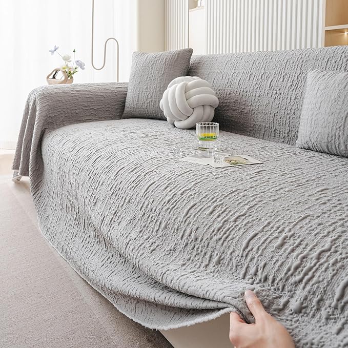 DREAMINGO Bubble Textured Cooling Sofa Cover, Ice Silk Breathable Couch Cover Blanket for Pet & Hot Sleepers, Washable Furniture Protector for 3 Cushion Couch, Ash Gray, XX-Large 71"x150"