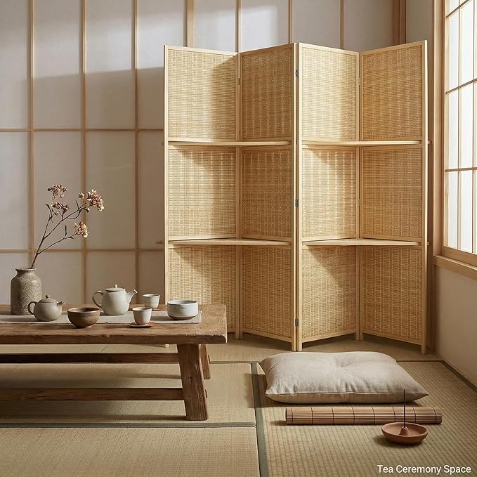 Bluecat 4 Panel Bamboo Room Divider with Shelves, Lightweight Privacy Screen for Bedroom Home Office, No Assembly Required, Natural Bamboo
