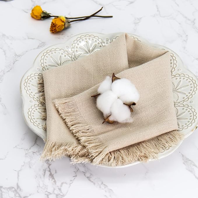 Handmade Cloth Napkins with Fringe,18 x 18 Inches Cotton Linen Napkins Set of 12 Versatile Handmade Square Rustic Fringe Napkins for Dinner, Wedding and Parties, Beige