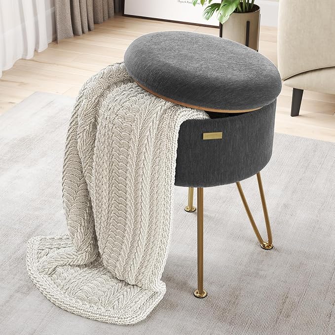 Round Ottoman with Storage, Textured Velvet Storage Ottoman, Foot Stool Ottomans, Makeup Vanity Stool, Small Ottomans Foot Rest, Modern Vanity Stools for Living Room and Bedroom, Grey