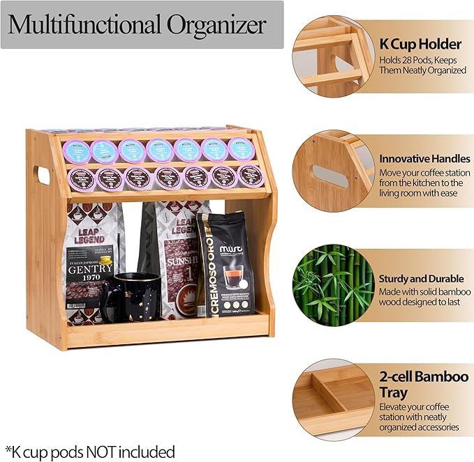 2-Tier K Cup Holder & Condiment Organizer, Bamboo Coffee Pod Organizer & Coffee Bar Accessory for Home or Office,Space-Saving Storage Rack with Handles