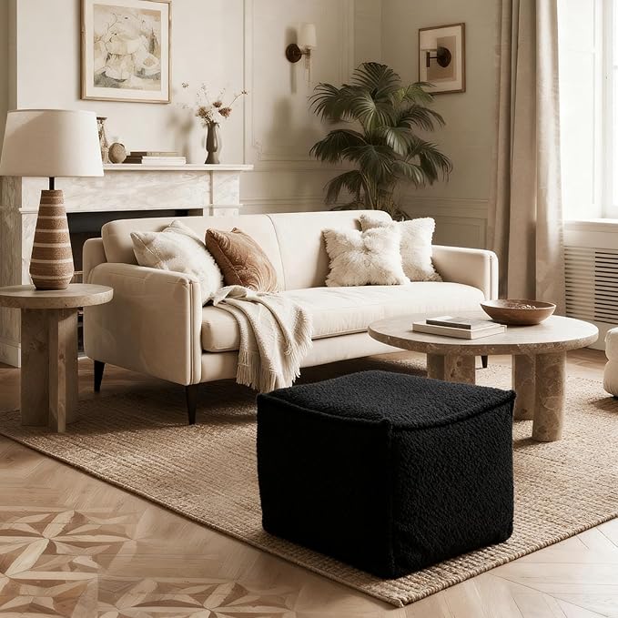 Square Boucle Pouf Ottoman Footrest, Soft & Lightweight Footstool with Foam Filling for Living Room & Bedroom, Laid-Back Lounge Style