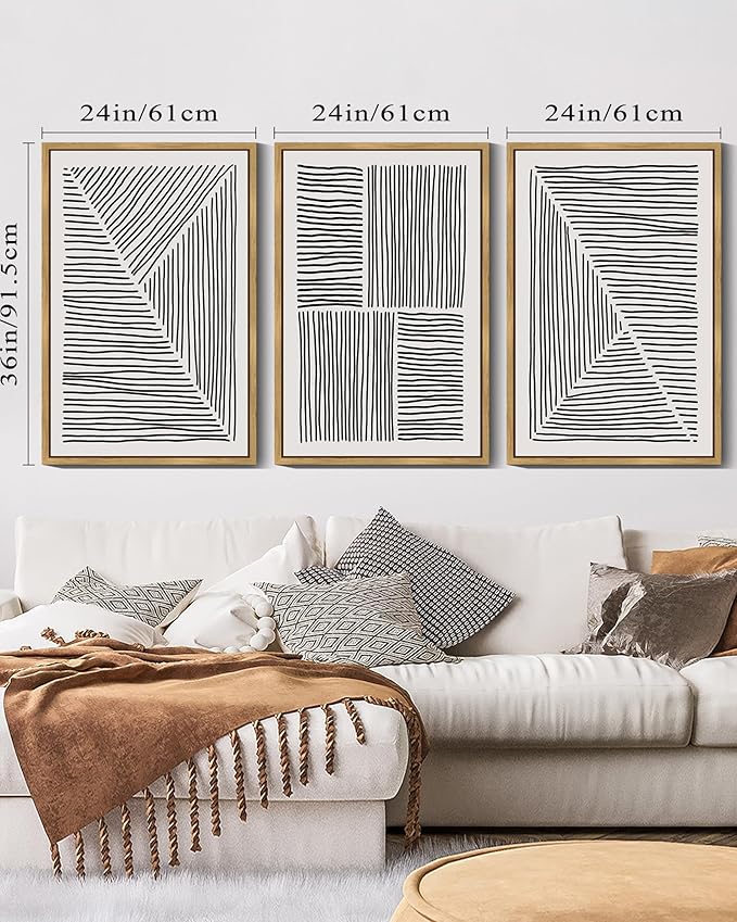 Drsoum Mid-Century Modern Framed Wall Art Large 24x36in Minimalist Abstract Boho Black Line Wall Decor Geometric Artwork Kitchen Dining Room Black Framed