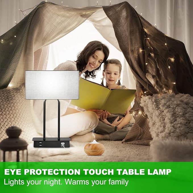 Lakumu Bedside Touch Control Table Lamps with Dual USB Charging Ports 1 AC Outlet, 3 Way Dimmable Modern Nightstand Lamp with Grey Fabric Shade, Desk Lamp for Bedroom Living Room with 5000K LED Bulb