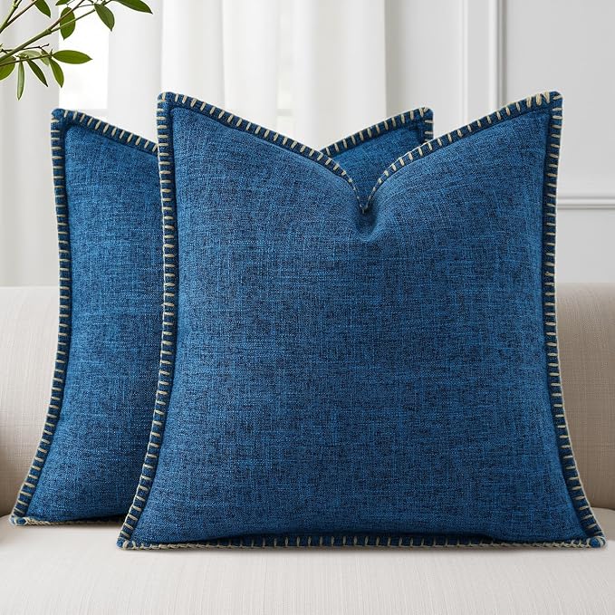 decorUhome Patriotic Summer Decorative Throw Pillow Covers 22x22 Set of 2 Square Faux Linen Outdoor Neutral Farmhouse Euro Sham Coastal Pillow Covers with Stitched Edge for Couch Sofa, Dark Blue