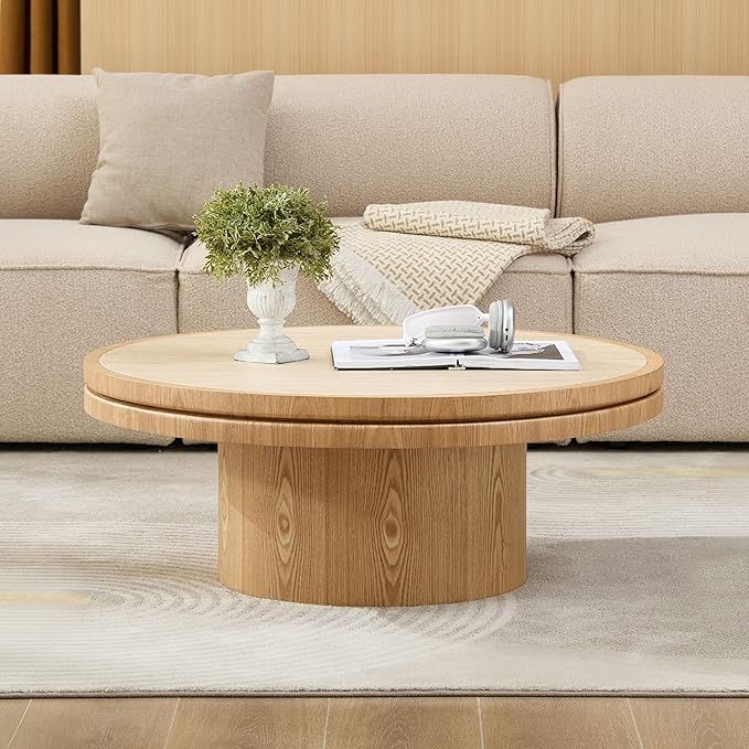 35.43" Farmhouse Round Coffee Table with Sintered Stone Tabletop, Sturdy Wood MDF Pedestal Coffee Tables for Living Room, Modern Circle Center Tea Table for Apartment, Office Bedroom Natural