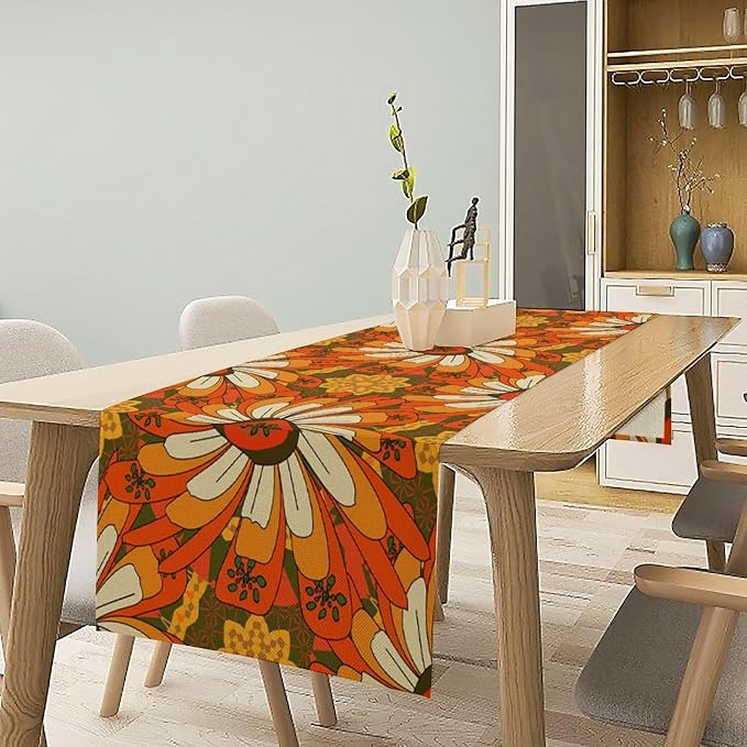 Vintage Floral Table Runner Boho Retro Traditional Flower Hippie Groovy Mid Century Dinner Runner for Home Kitchen Dining Table Party Holiday Decor 13"x60"