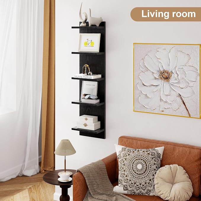 Fun Memories 5-Tier Wall Shelf Unit, 48" Tall Floating Storage Organizer for Bedroom, Living Room, and Home Decor, Black Vertical Shelving Unit